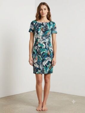 French Connection Teal, Navy & White Printed Short Sleeve Sheath Dress